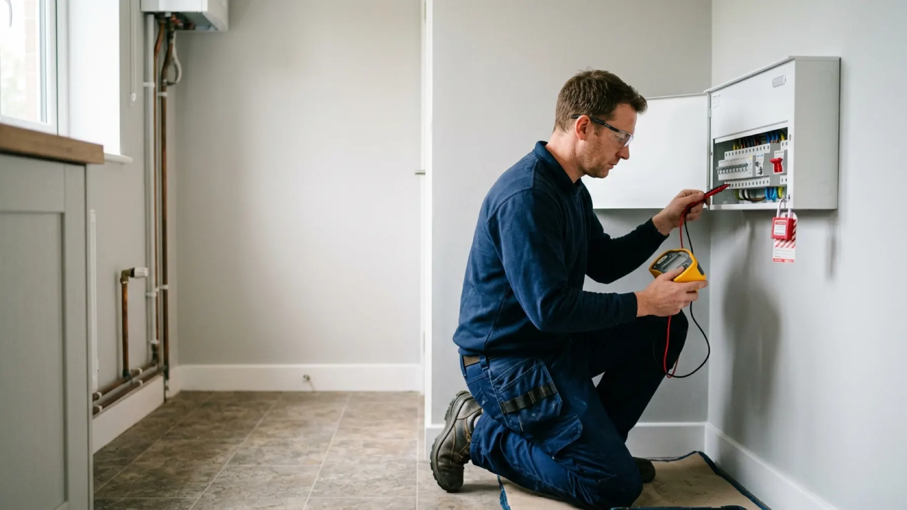 An electrician testing at an isolated and locked-off domestic consumer unit