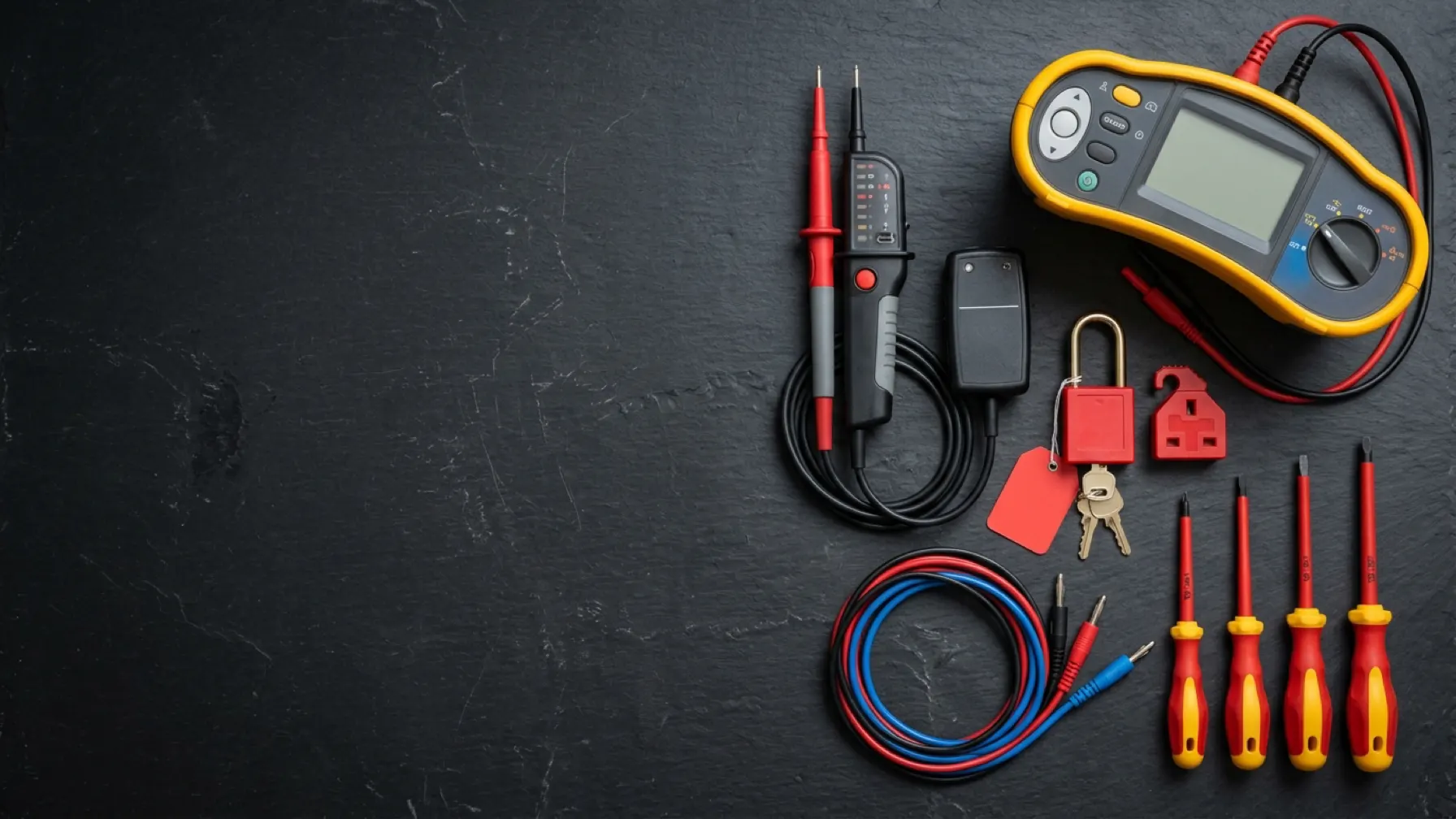Multifunction tester, two-pole voltage indicator, proving unit and lock-off kit laid out on a workbench